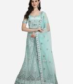 Turquoise embroidered net semi stitched lehenga