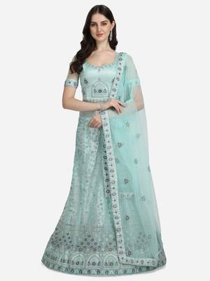 Turquoise embroidered net semi stitched lehenga 2