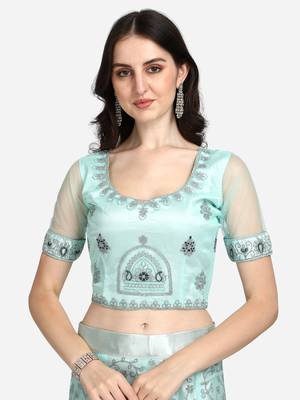 Turquoise embroidered net semi stitched lehenga 3