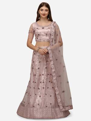 Lavender embroidered net semi stitched lehenga 2