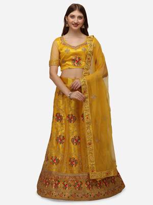 Yellow embroidered net semi stitched lehenga 1