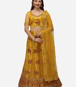 Yellow embroidered net semi stitched lehenga