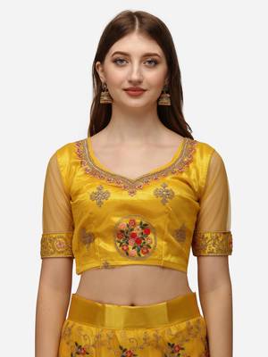 Yellow embroidered net semi stitched lehenga 3