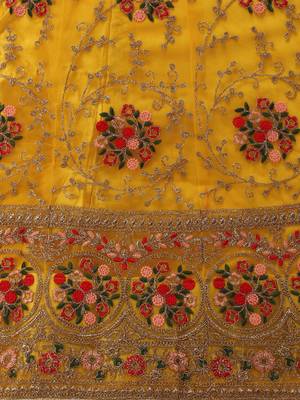 Yellow embroidered net semi stitched lehenga 4