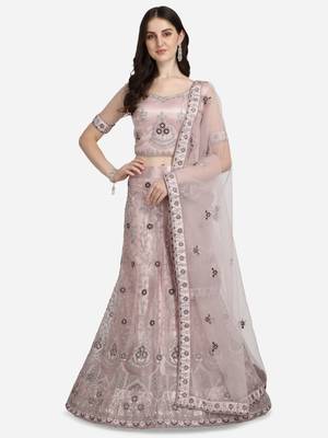 Lavender embroidered net semi stitched lehenga 1