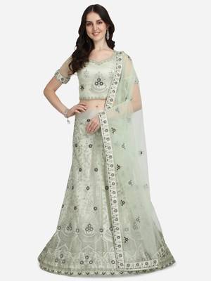 Light-green embroidered net semi stitched lehenga 2