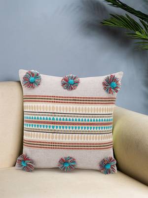 Rustic Collection by : Beige & Multi Polycotton Chambray & Jacquard Colorblocked & Striped Cushion Cover with Pompoms 1