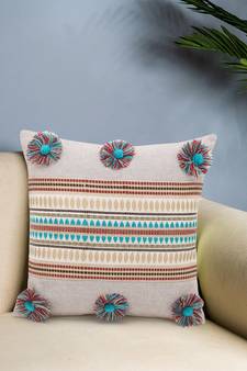 Rustic Collection by : Beige & Multi Polycotton Chambray & Jacquard Colorblocked & Striped Cushion Cover with Pompoms