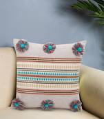 Rustic Collection by : Beige & Multi Polycotton Chambray & Jacquard Colorblocked & Striped Cushion Cover with Pompoms