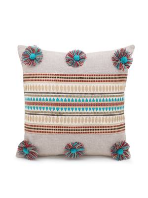 Rustic Collection by : Beige & Multi Polycotton Chambray & Jacquard Colorblocked & Striped Cushion Cover with Pompoms 2