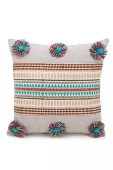 Rustic Collection by : Beige & Multi Polycotton Chambray & Jacquard Colorblocked & Striped Cushion Cover with Pompoms