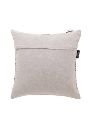 Rustic Collection by : Beige & Multi Polycotton Chambray & Jacquard Colorblocked & Striped Cushion Cover with Pompoms 3