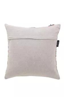 Rustic Collection by : Beige & Multi Polycotton Chambray & Jacquard Colorblocked & Striped Cushion Cover with Pompoms