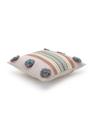 Rustic Collection by : Beige & Multi Polycotton Chambray & Jacquard Colorblocked & Striped Cushion Cover with Pompoms 4