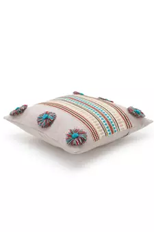 Rustic Collection by : Beige & Multi Polycotton Chambray & Jacquard Colorblocked & Striped Cushion Cover with Pompoms