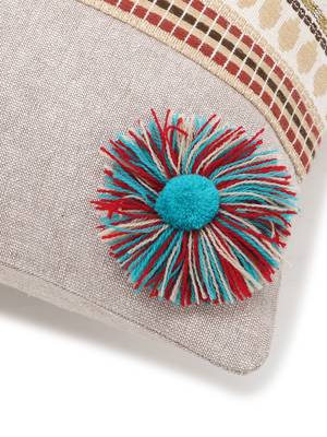 Rustic Collection by : Beige & Multi Polycotton Chambray & Jacquard Colorblocked & Striped Cushion Cover with Pompoms 5