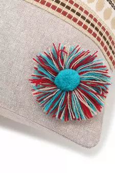 Rustic Collection by : Beige & Multi Polycotton Chambray & Jacquard Colorblocked & Striped Cushion Cover with Pompoms