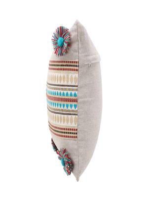 Rustic Collection by : Beige & Multi Polycotton Chambray & Jacquard Colorblocked & Striped Cushion Cover with Pompoms 6