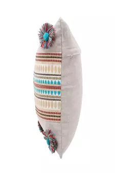 Rustic Collection by : Beige & Multi Polycotton Chambray & Jacquard Colorblocked & Striped Cushion Cover with Pompoms