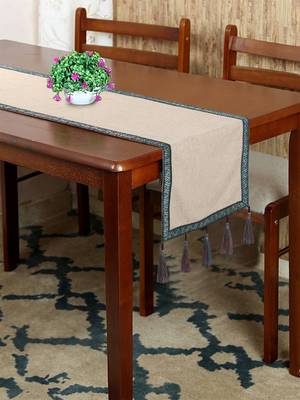 Rustic Collection by : Natural & Turquoise Cotton Chambray Bordered 6 Seater Table Runner with Tassels (40x180cm) 1