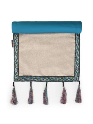 Rustic Collection by : Natural & Turquoise Cotton Chambray Bordered 6 Seater Table Runner with Tassels (40x180cm) 3