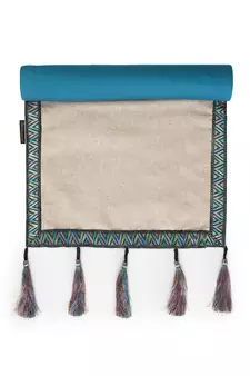 Rustic Collection by : Natural & Turquoise Cotton Chambray Bordered 6 Seater Table Runner with Tassels (40x180cm)