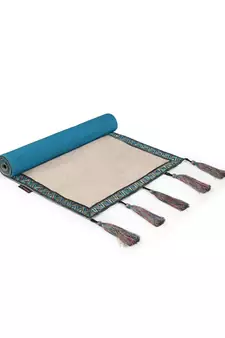 Rustic Collection by : Natural & Turquoise Cotton Chambray Bordered 6 Seater Table Runner with Tassels (40x180cm)