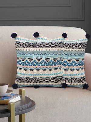Dazzle Collection by : Blue & Multi Acrylic Lurex Jacquard Ethnic Motifs Cushion Cover with Pompoms (16x16in) Set of 2 1