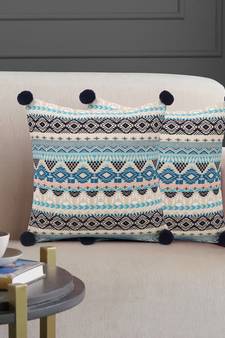 Dazzle Collection by : Blue & Multi Acrylic Lurex Jacquard Ethnic Motifs Cushion Cover with Pompoms (16x16in) Set of 2