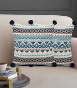 Dazzle Collection by : Blue & Multi Acrylic Lurex Jacquard Ethnic Motifs Cushion Cover with Pompoms (16x16in) Set of 2