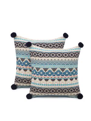 Dazzle Collection by : Blue & Multi Acrylic Lurex Jacquard Ethnic Motifs Cushion Cover with Pompoms (16x16in) Set of 2 2