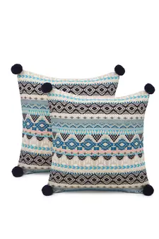 Dazzle Collection by : Blue & Multi Acrylic Lurex Jacquard Ethnic Motifs Cushion Cover with Pompoms (16x16in) Set of 2