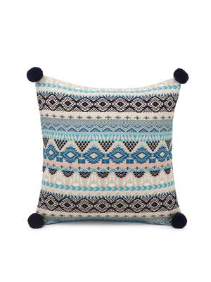 Dazzle Collection by : Blue & Multi Acrylic Lurex Jacquard Ethnic Motifs Cushion Cover with Pompoms (16x16in) Set of 2 3