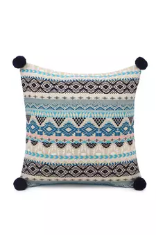 Dazzle Collection by : Blue & Multi Acrylic Lurex Jacquard Ethnic Motifs Cushion Cover with Pompoms (16x16in) Set of 2