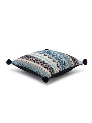 Dazzle Collection by : Blue & Multi Acrylic Lurex Jacquard Ethnic Motifs Cushion Cover with Pompoms (16x16in) Set of 2 5