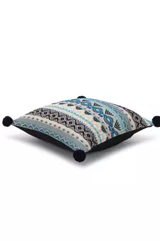 Dazzle Collection by : Blue & Multi Acrylic Lurex Jacquard Ethnic Motifs Cushion Cover with Pompoms (16x16in) Set of 2