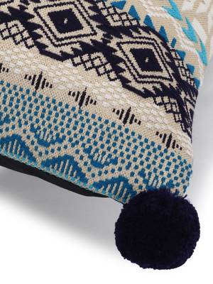 Dazzle Collection by : Blue & Multi Acrylic Lurex Jacquard Ethnic Motifs Cushion Cover with Pompoms (16x16in) Set of 2 6