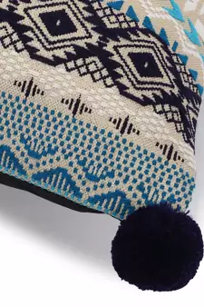 Dazzle Collection by : Blue & Multi Acrylic Lurex Jacquard Ethnic Motifs Cushion Cover with Pompoms (16x16in) Set of 2