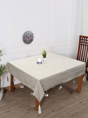 Rustic Collection by : Natural & White Cotton Chambray Solid 4 Seater Square Table Cover with Pompoms (150x150cm) 1