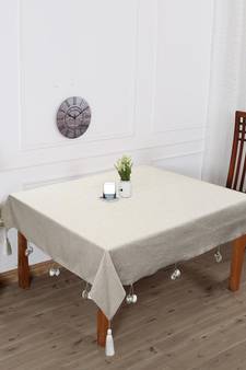 Rustic Collection by : Natural & White Cotton Chambray Solid 4 Seater Square Table Cover with Pompoms (150x150cm)