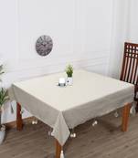 Rustic Collection by : Natural & White Cotton Chambray Solid 4 Seater Square Table Cover with Pompoms (150x150cm)