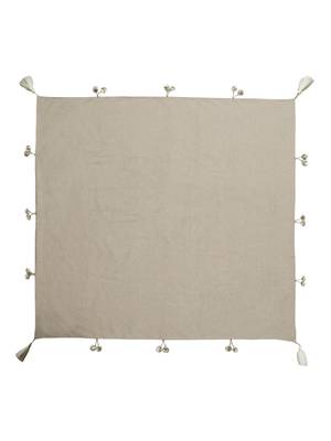 Rustic Collection by : Natural & White Cotton Chambray Solid 4 Seater Square Table Cover with Pompoms (150x150cm) 2