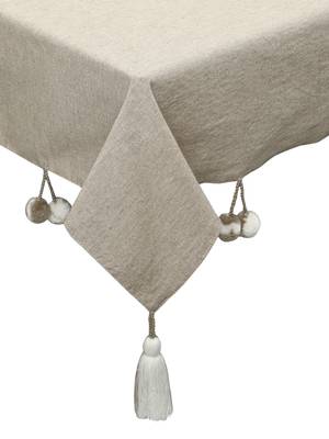 Rustic Collection by : Natural & White Cotton Chambray Solid 4 Seater Square Table Cover with Pompoms (150x150cm) 3