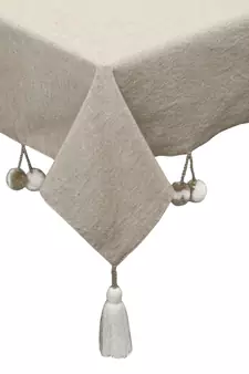 Rustic Collection by : Natural & White Cotton Chambray Solid 4 Seater Square Table Cover with Pompoms (150x150cm)