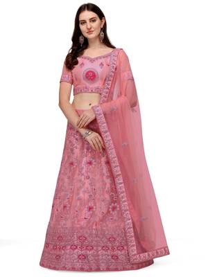 Pink embroidered net semi stitched lehenga 1