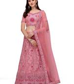 Pink embroidered net semi stitched lehenga