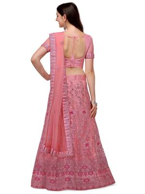 Pink embroidered net semi stitched lehenga 2