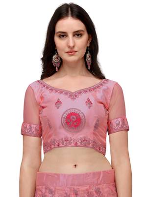 Pink embroidered net semi stitched lehenga 3
