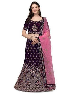 Purple embroidered velvet semi stitched lehenga 1