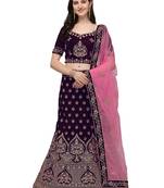 Purple embroidered velvet semi stitched lehenga